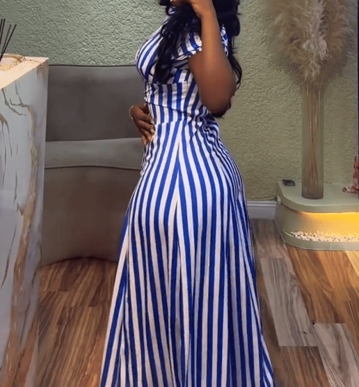 Elegant Striped V Neck Puff Sleeve Maxi Dresses