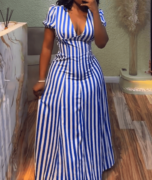 Elegant Striped V Neck Puff Sleeve Maxi Dresses