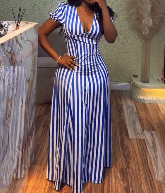 Elegant Striped V Neck Puff Sleeve Maxi Dresses