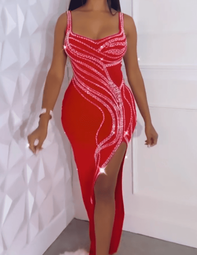 Rhinestone Decoration High Slit Dress