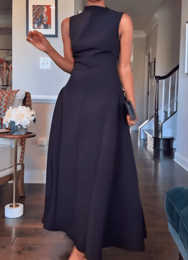 Black Sleeveless Metal Button Midi Dress