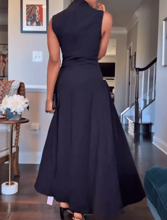 Black Sleeveless Metal Button Midi Dress