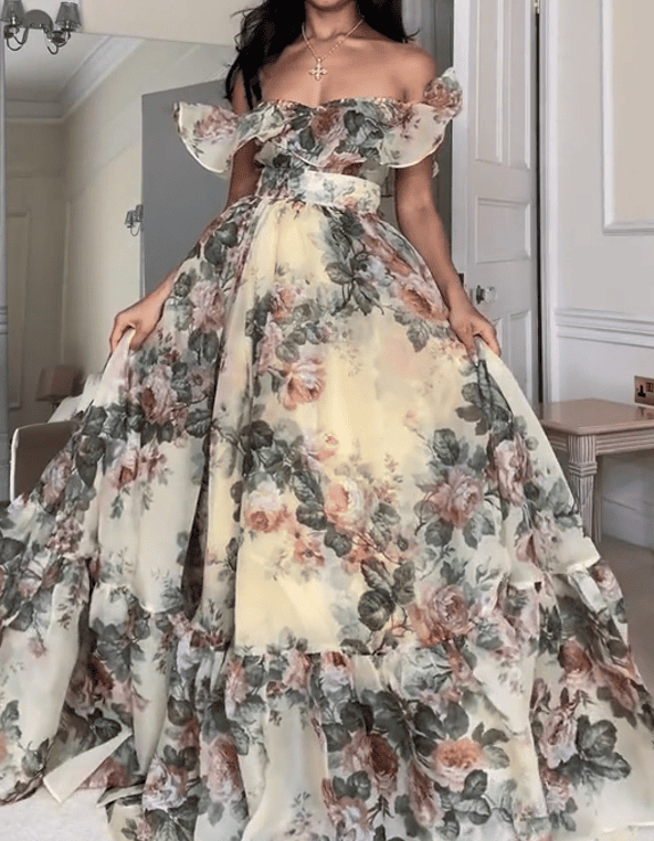 Castle Ballroom Tulle Floral Off Shoulder Ruffle Maxi Dress