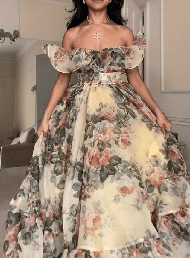 Castle Ballroom Tulle Floral Off Shoulder Ruffle Maxi Dress