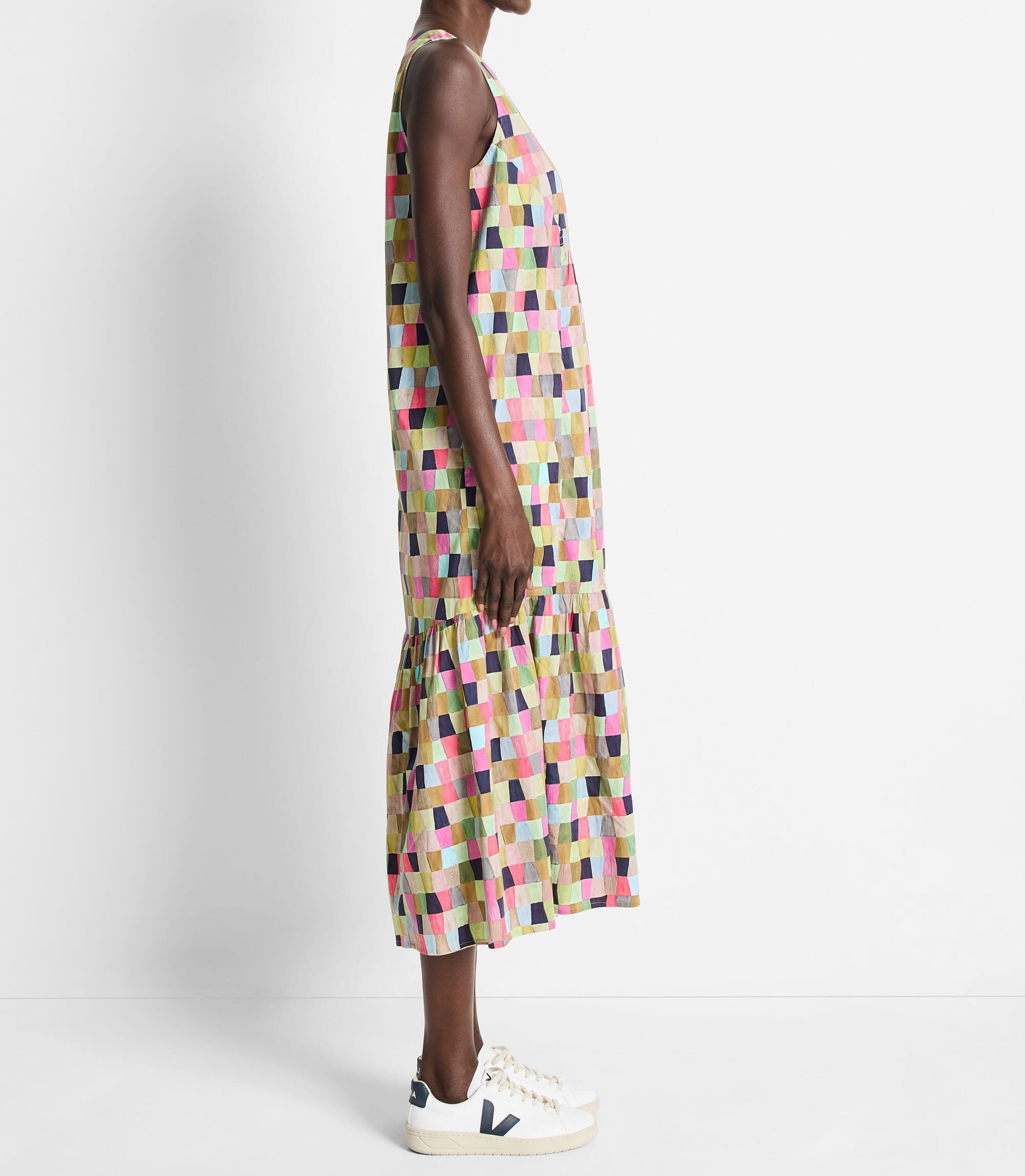 Colorfield Print Split V-Neck Sleeveless Ruffle Dress