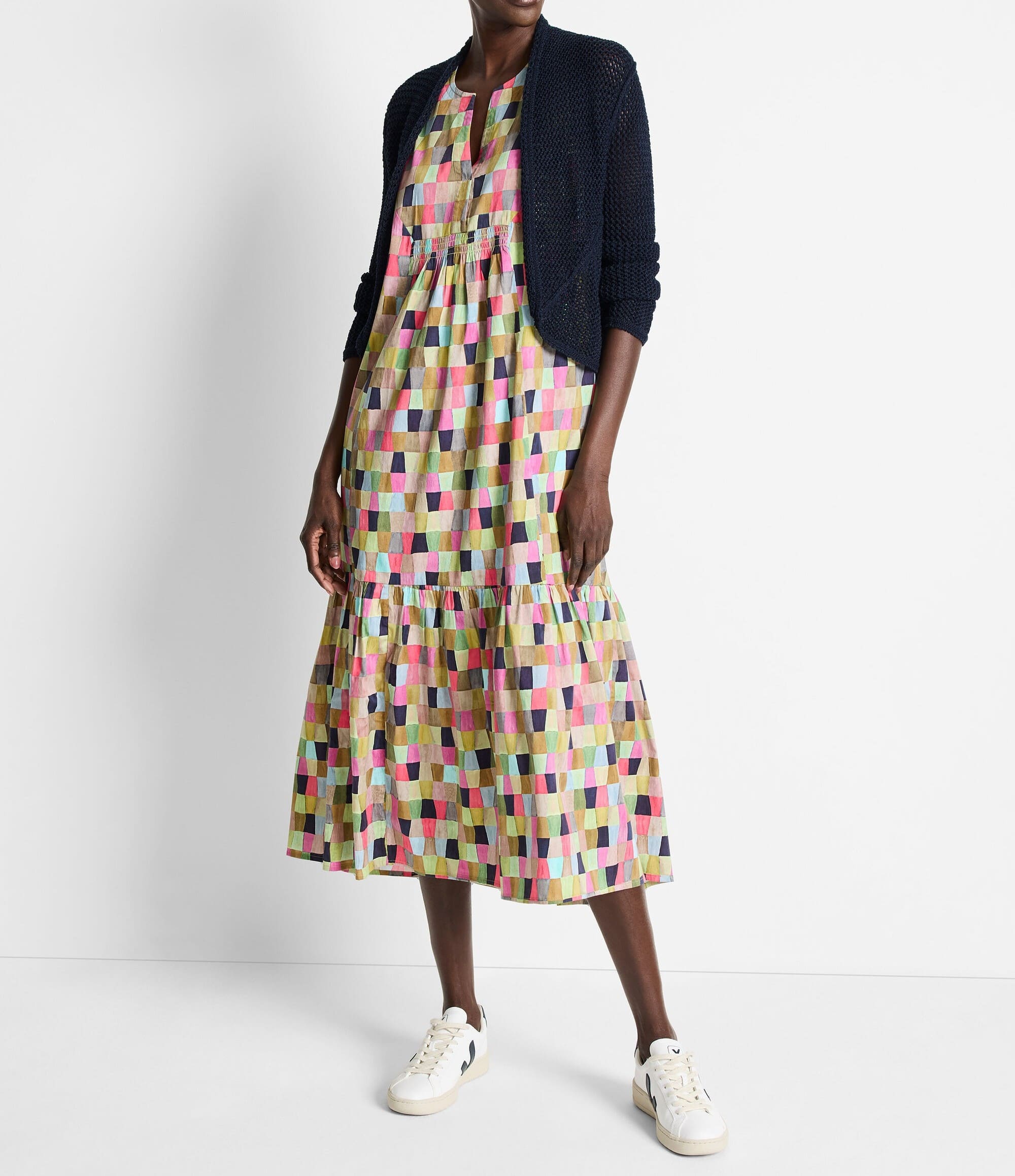 Colorfield Print Split V-Neck Sleeveless Ruffle Dress