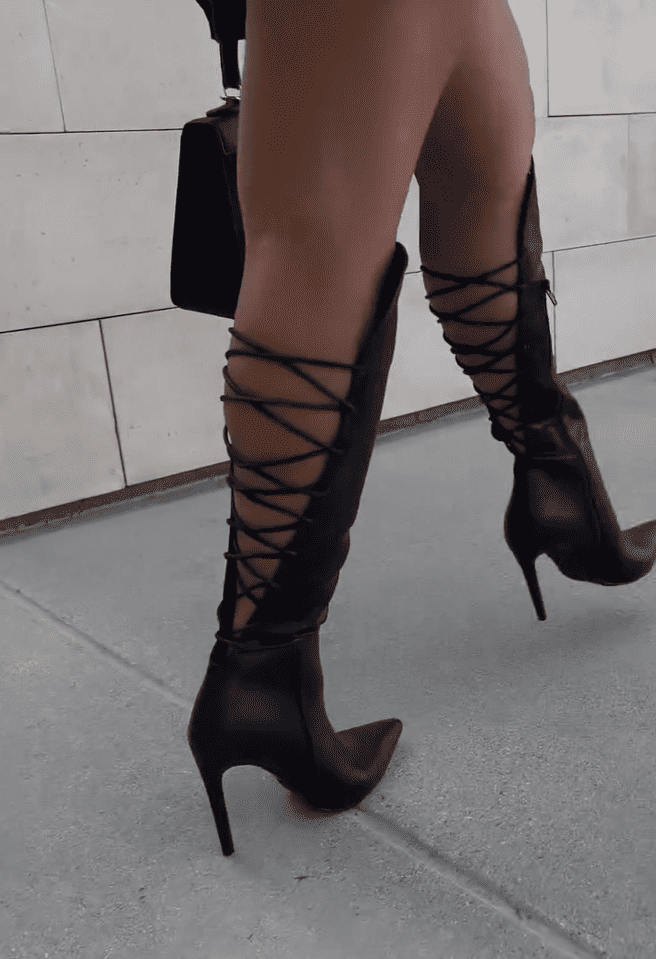 Black lace-up high-heeled boots