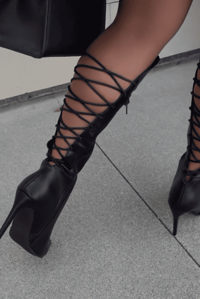 Black lace-up high-heeled boots