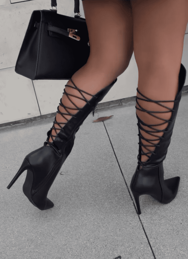 Black lace-up high-heeled boots