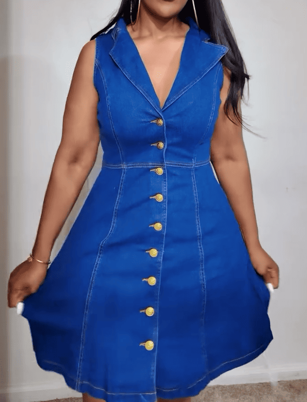 Blue Wash Button Lapel Denim Mini Dress