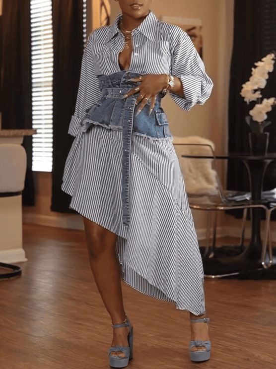 Blue Striped 2pc Denim Set Shirt Dress