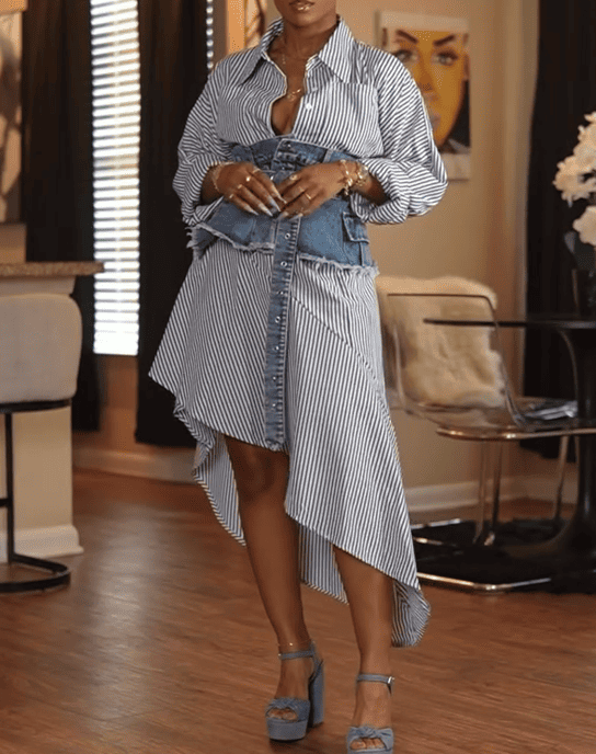 Blue Striped 2pc Denim Set Shirt Dress