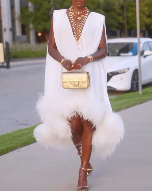 Elegant Sleeveless White Feather Patchwork Irregular Hem Midi Dress