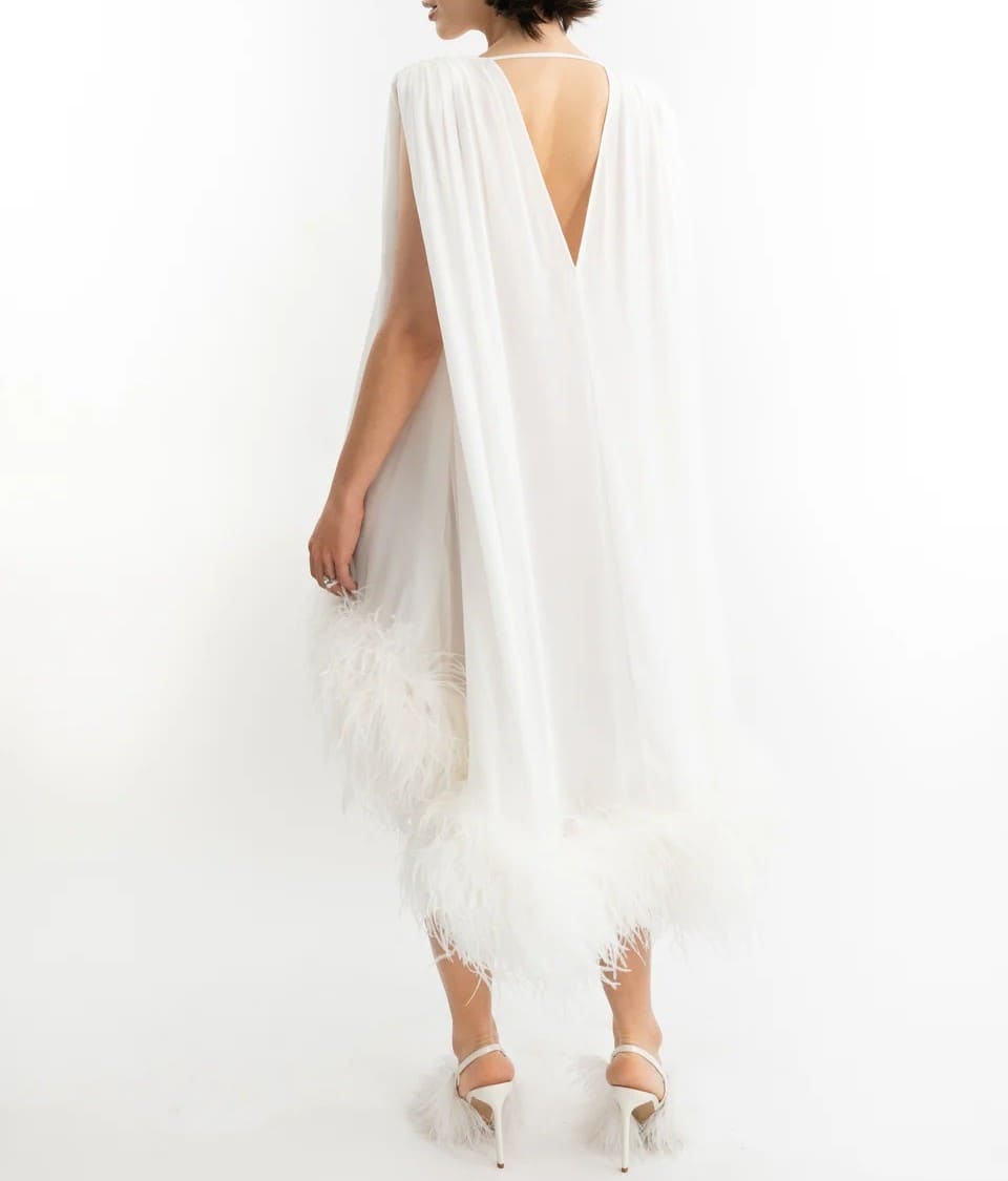 Elegant Sleeveless White Feather Patchwork Irregular Hem Midi Dress