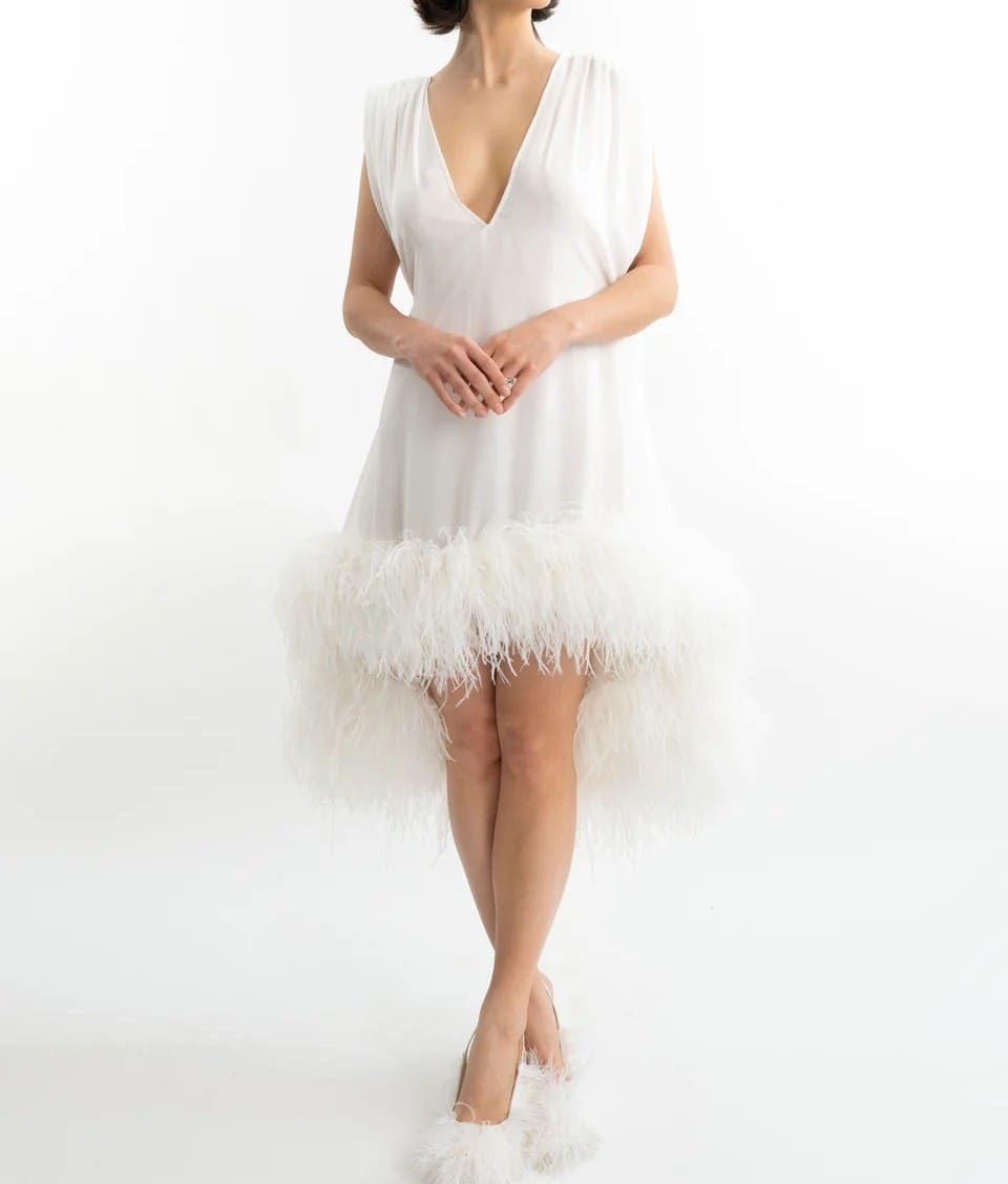 Elegant Sleeveless White Feather Patchwork Irregular Hem Midi Dress