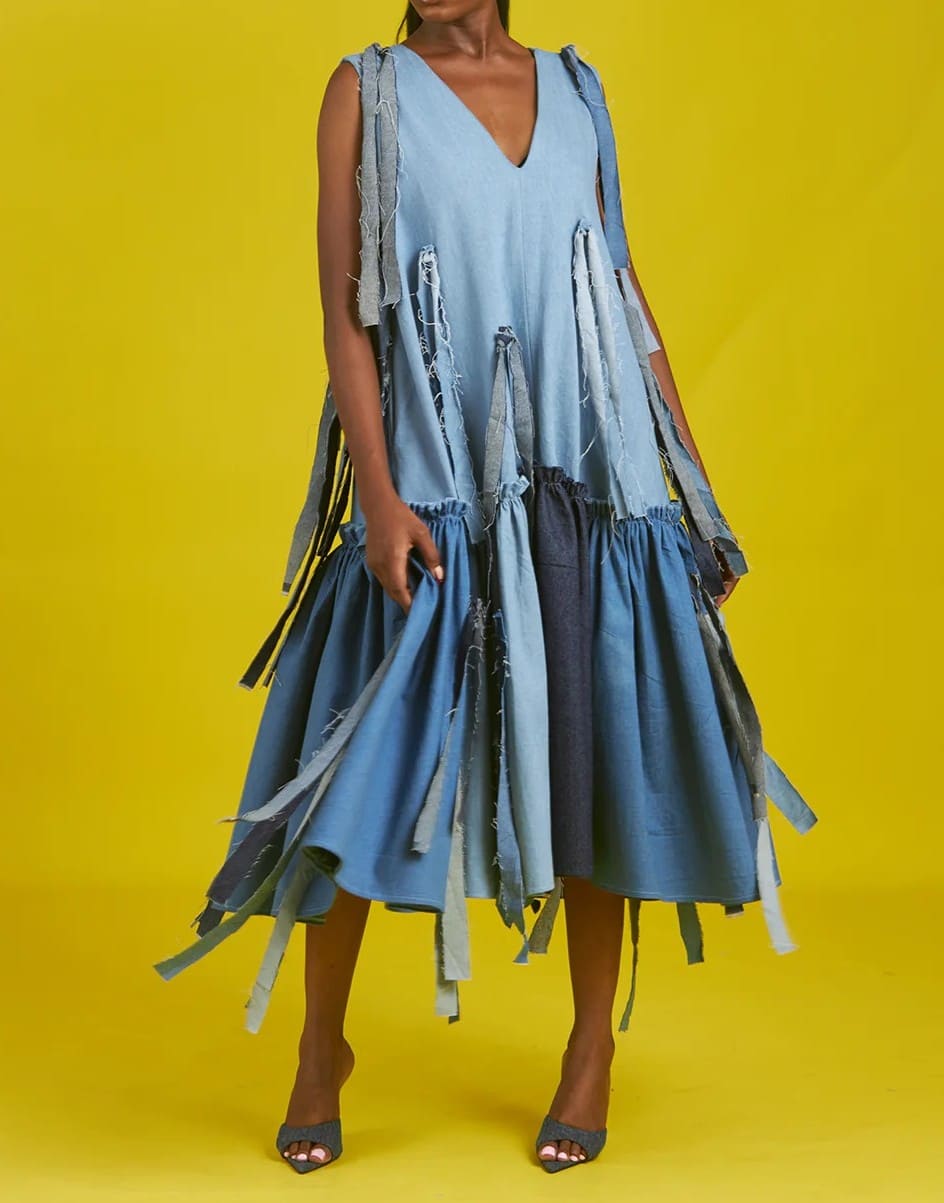 V-neck Sleeveless Denim Patchwork Dress