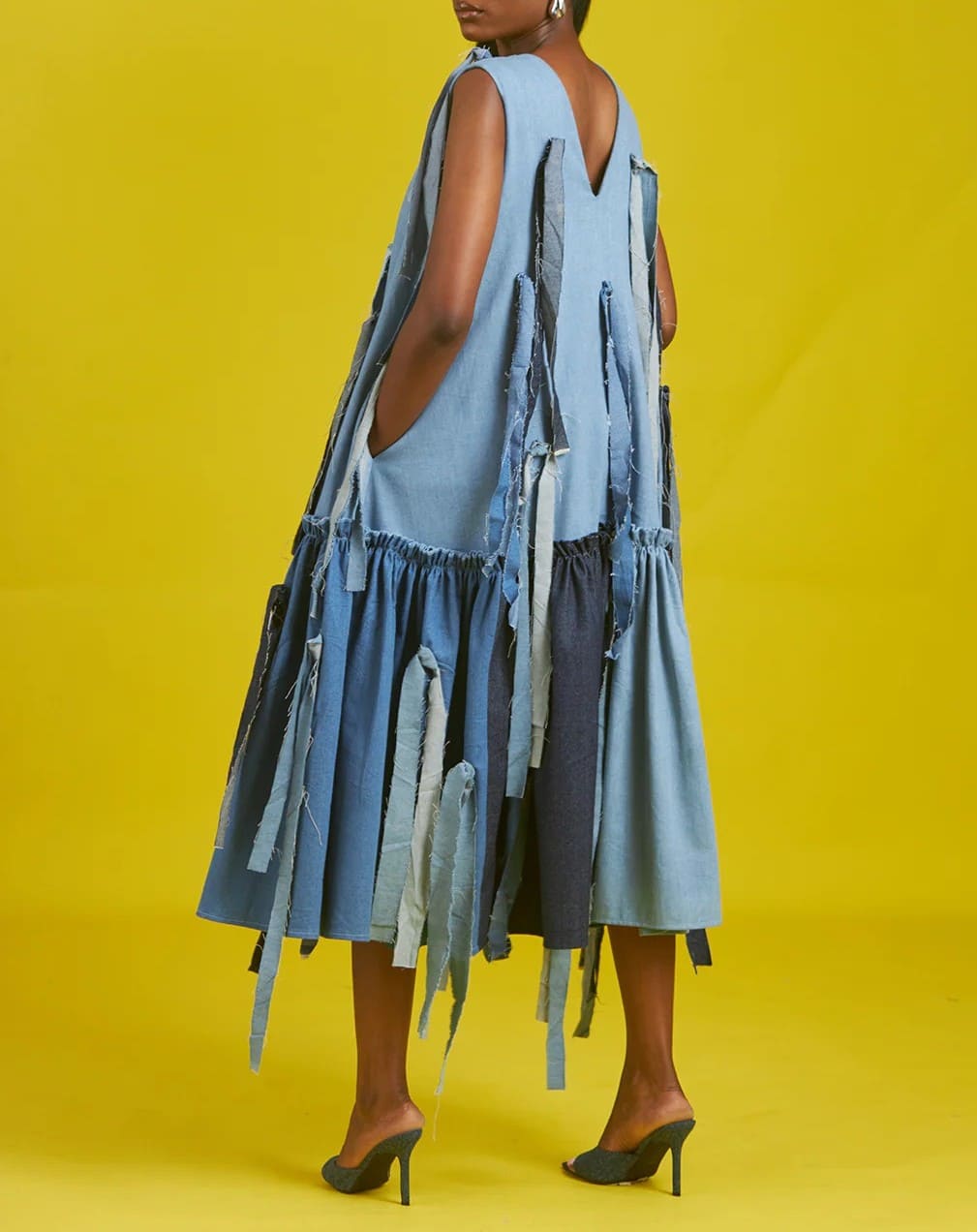 V-neck Sleeveless Denim Patchwork Dress