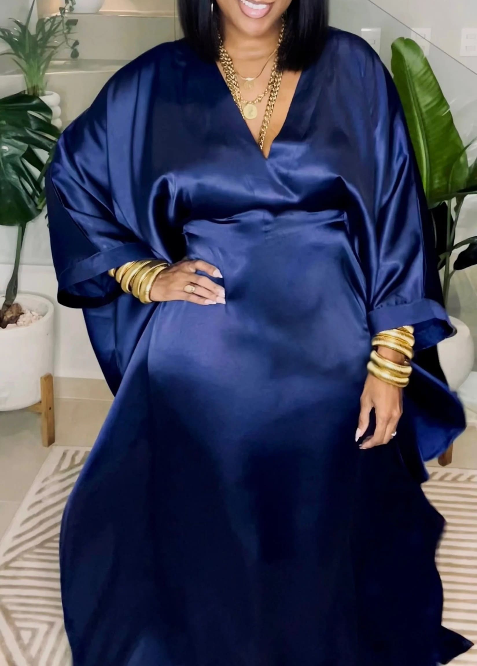 Silk satin mid-length sleeve dress