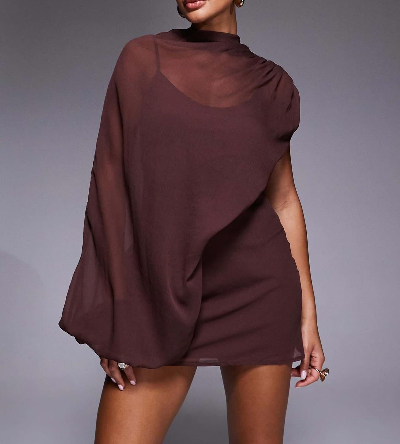Asymmetric Mini Dress With Cut Out In Chocolate