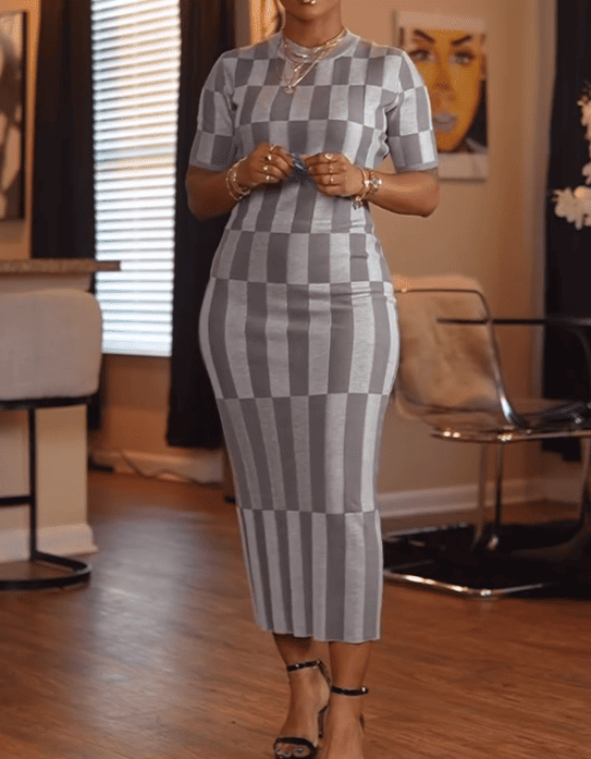 Gray Checkered Short-Sleeve Wrap Dress