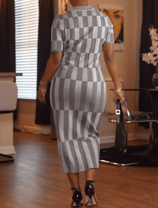 Gray Checkered Short-Sleeve Wrap Dress