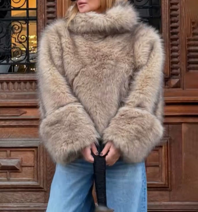 High Collar Warm Faux Fur Pullover Top