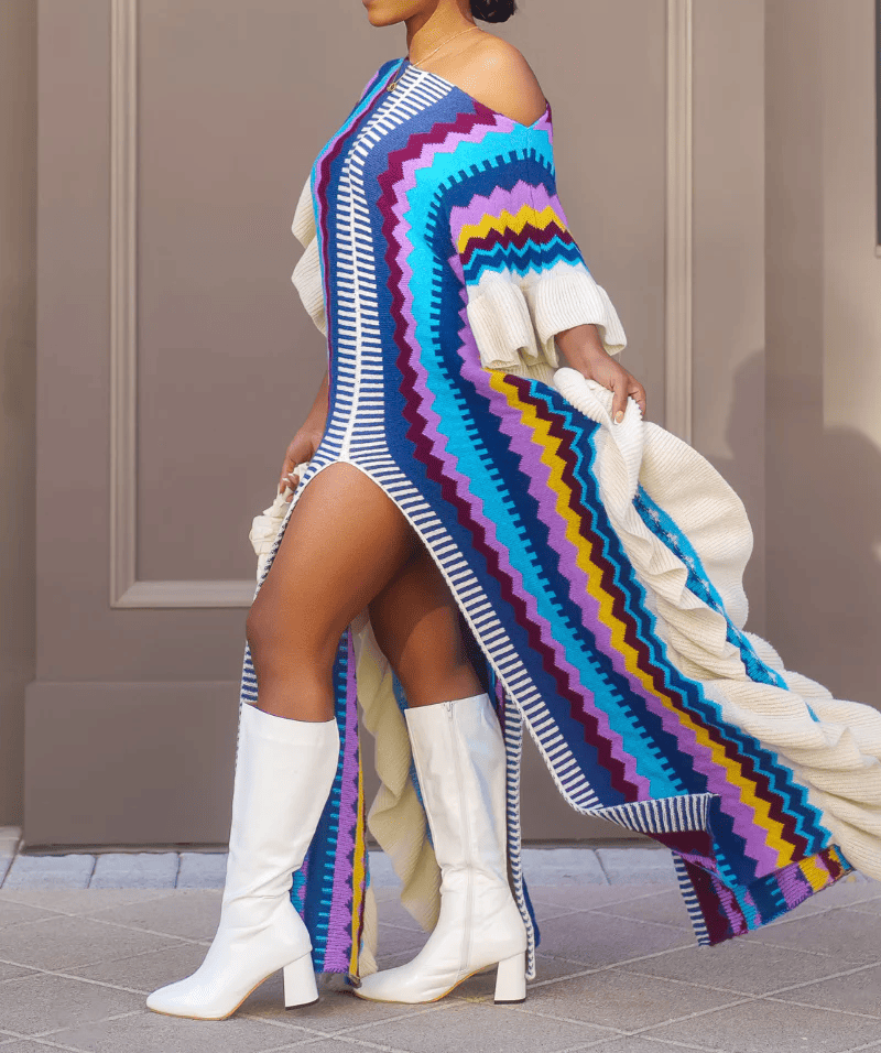 Slit-hem ruffle sweater dress