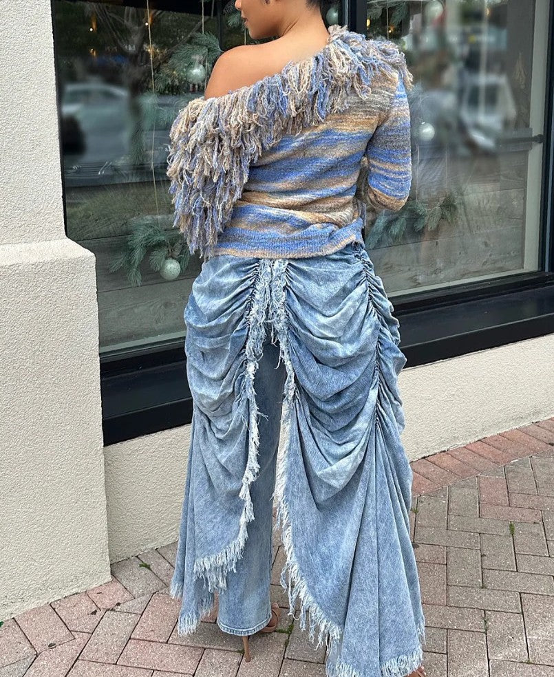 Gradient-colored shaggy one-shoulder sweater