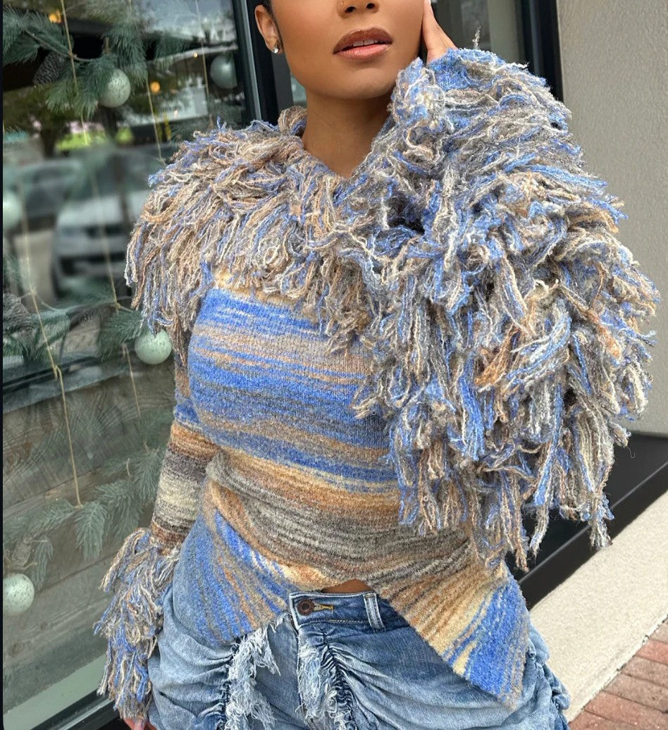 Gradient-colored shaggy one-shoulder sweater