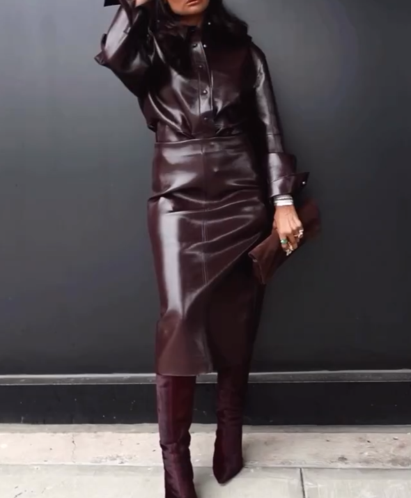 Premium leather jacket and skirt set