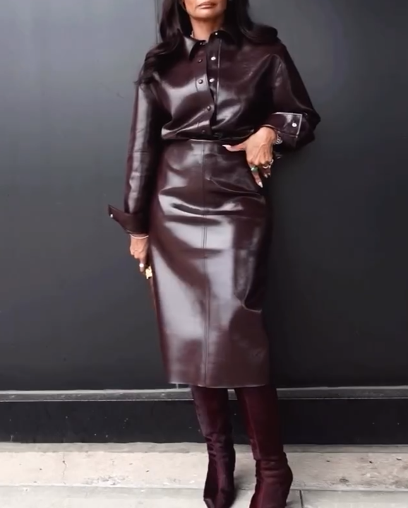 Premium leather jacket and skirt set
