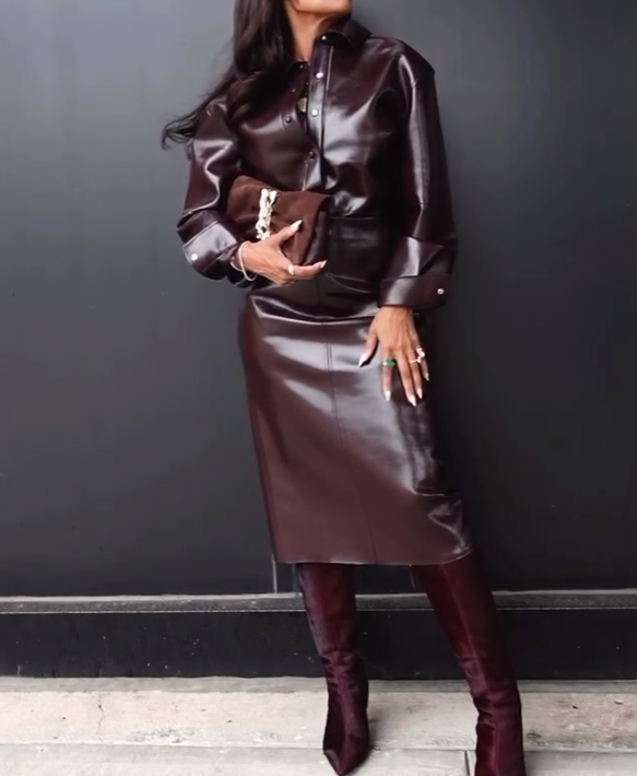 Premium leather jacket and skirt set