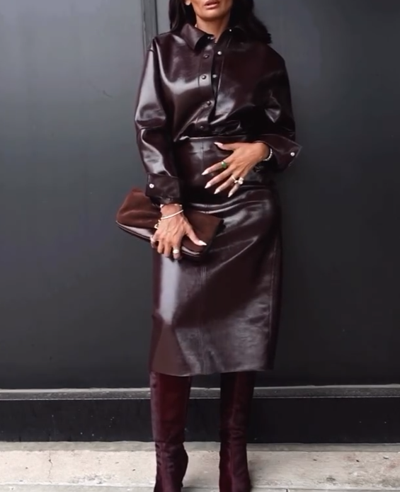 Premium leather jacket and skirt set