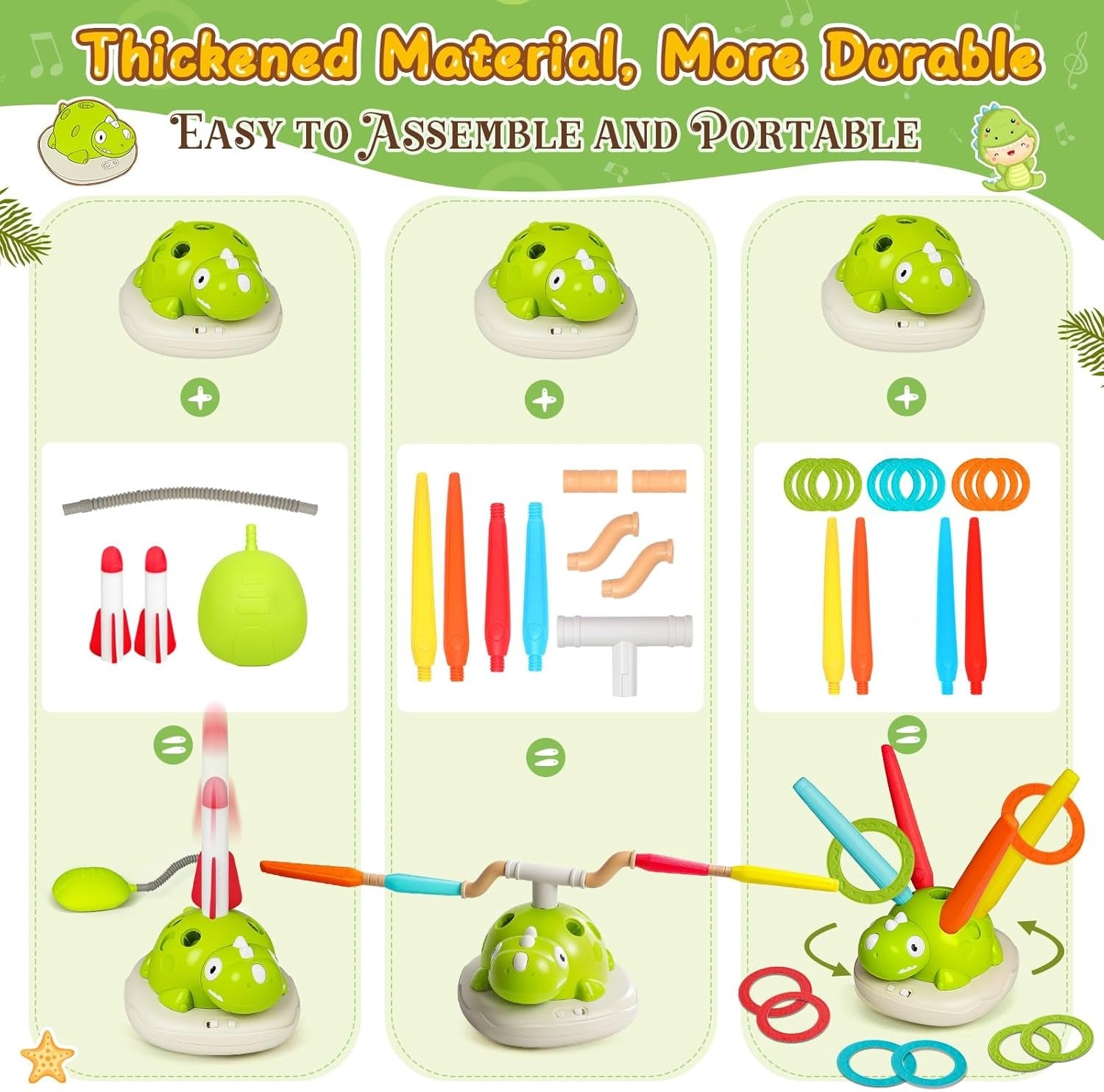 3 in 1 Dinosaur Musical Jumping, Toss Ring and Stomping Launch Rocket Launcher