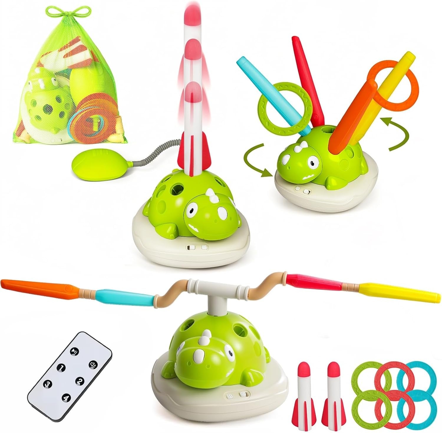 3 in 1 Dinosaur Musical Jumping, Toss Ring and Stomping Launch Rocket Launcher