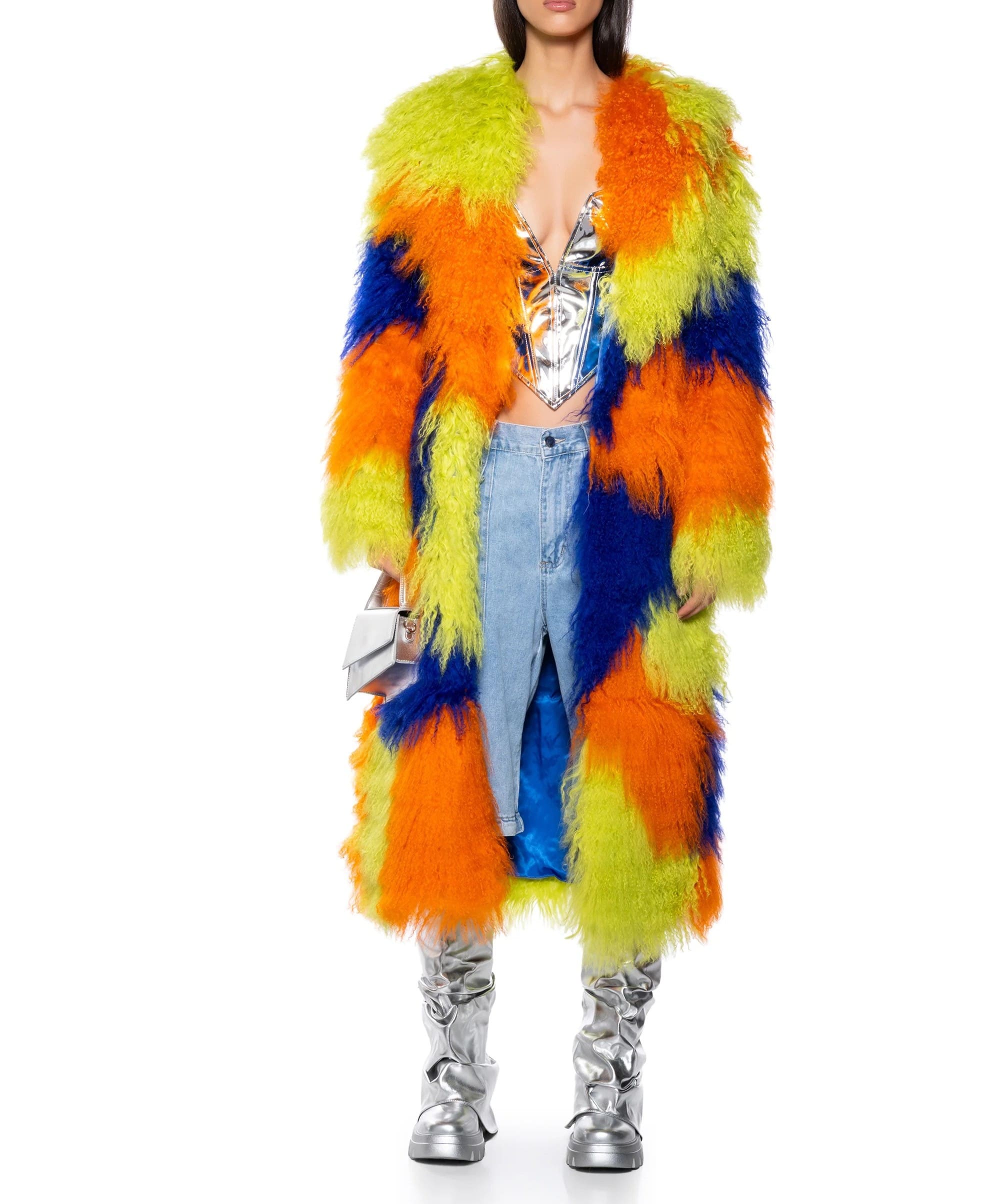 Real Mohair Fur Colorblock Trench