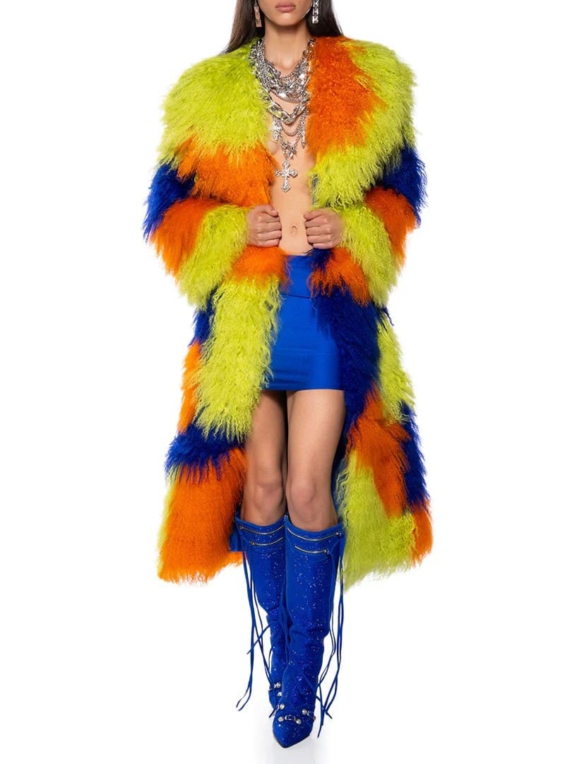 Real Mohair Fur Colorblock Trench