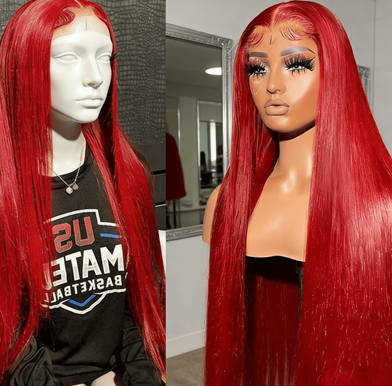 32 Inch Red Lace Front Wig Human Hair 180% Density