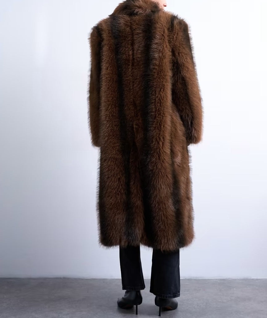 Faux Fur Longline Striped Coat