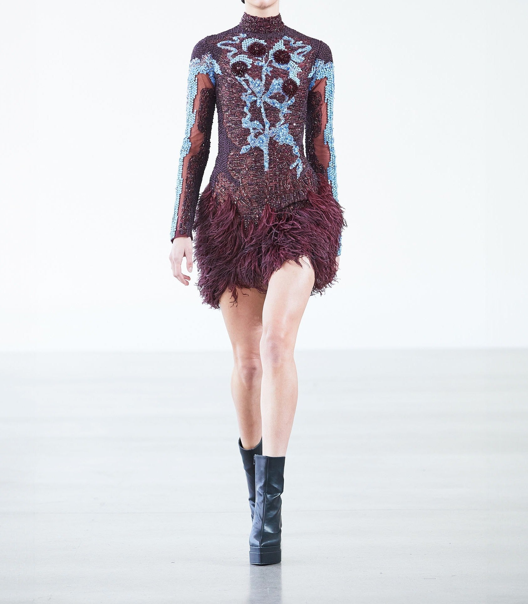 Burgundy short dress with feathers at the bottom