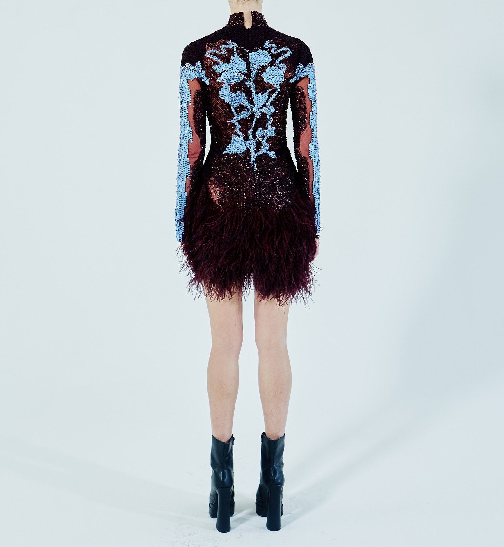 Burgundy short dress with feathers at the bottom