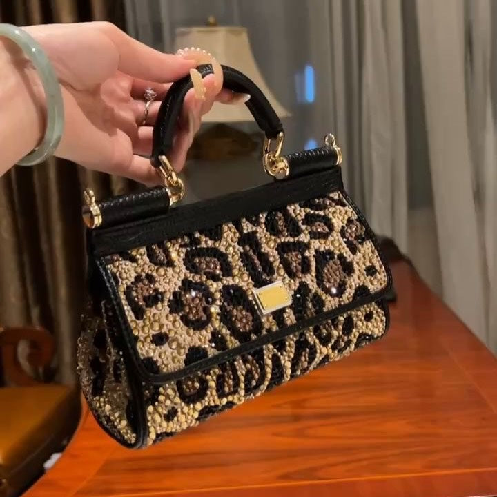 Embellished Leopard Print Top Handle Bag