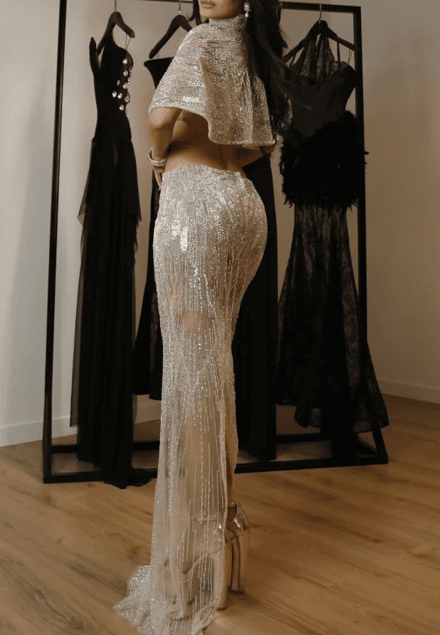 Silver Sequin Crop Top & Sheer Maxi Skirt Co-Ord Set