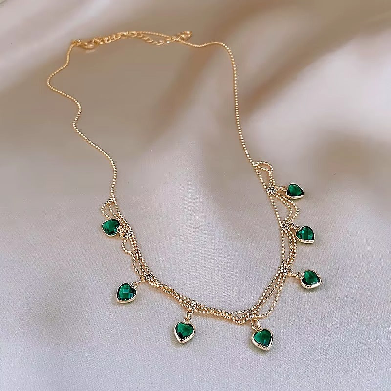 Green crystal metal braided mesh pendant necklace