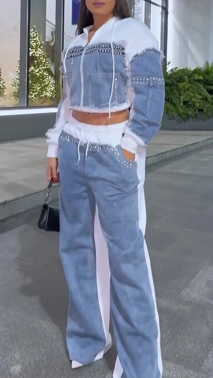 Patchwork Denim Rhinestone Jacket + Trouser Casual Suit