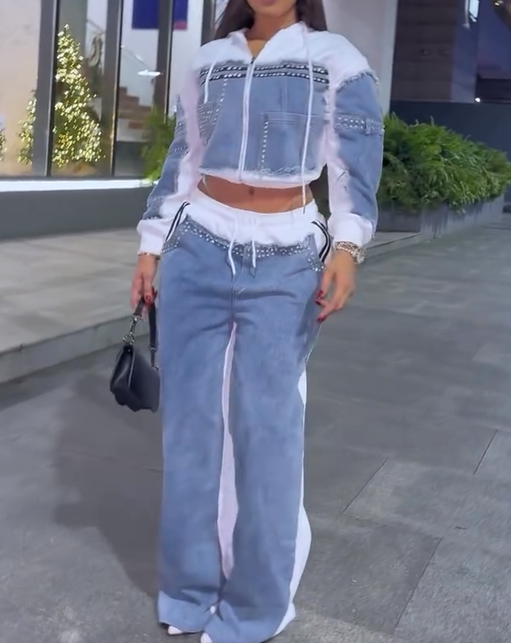 Patchwork Denim Rhinestone Jacket + Trouser Casual Suit