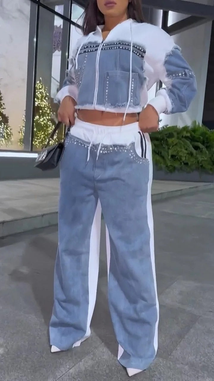 Patchwork Denim Rhinestone Jacket + Trouser Casual Suit