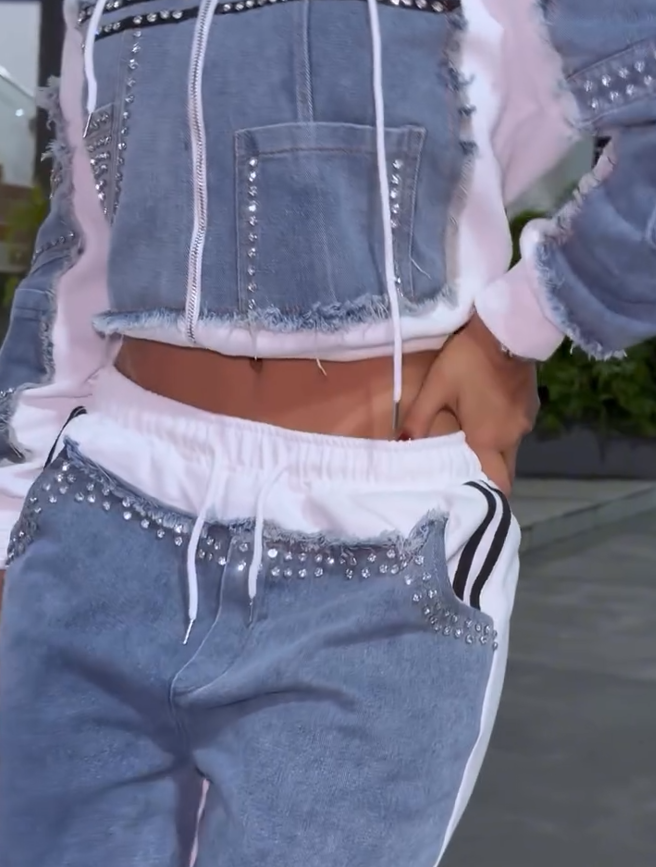 Patchwork Denim Rhinestone Jacket + Trouser Casual Suit