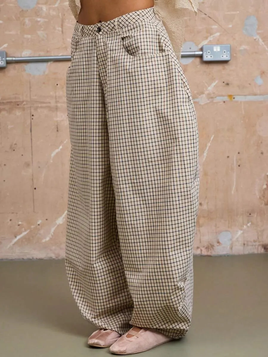 Baggy Barrell Fit Check Trousers Cotton