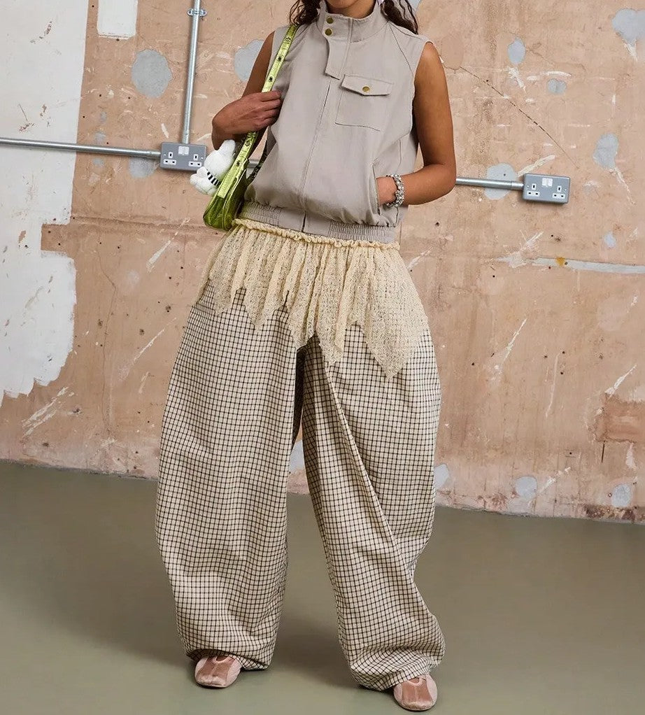 Baggy Barrell Fit Check Trousers Cotton